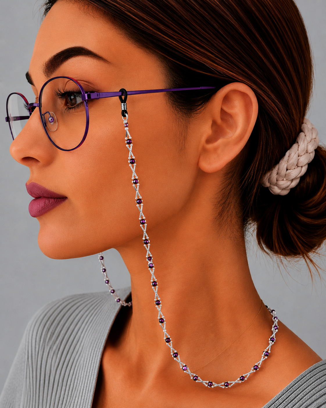 بند عینک طوسی و بنفش و سفید